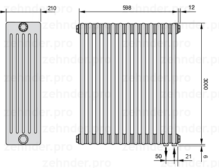 Схема (чертеж) Радиатор Zehnder Charleston 6300/13 №5510 Белый глянцевый RAL 9016